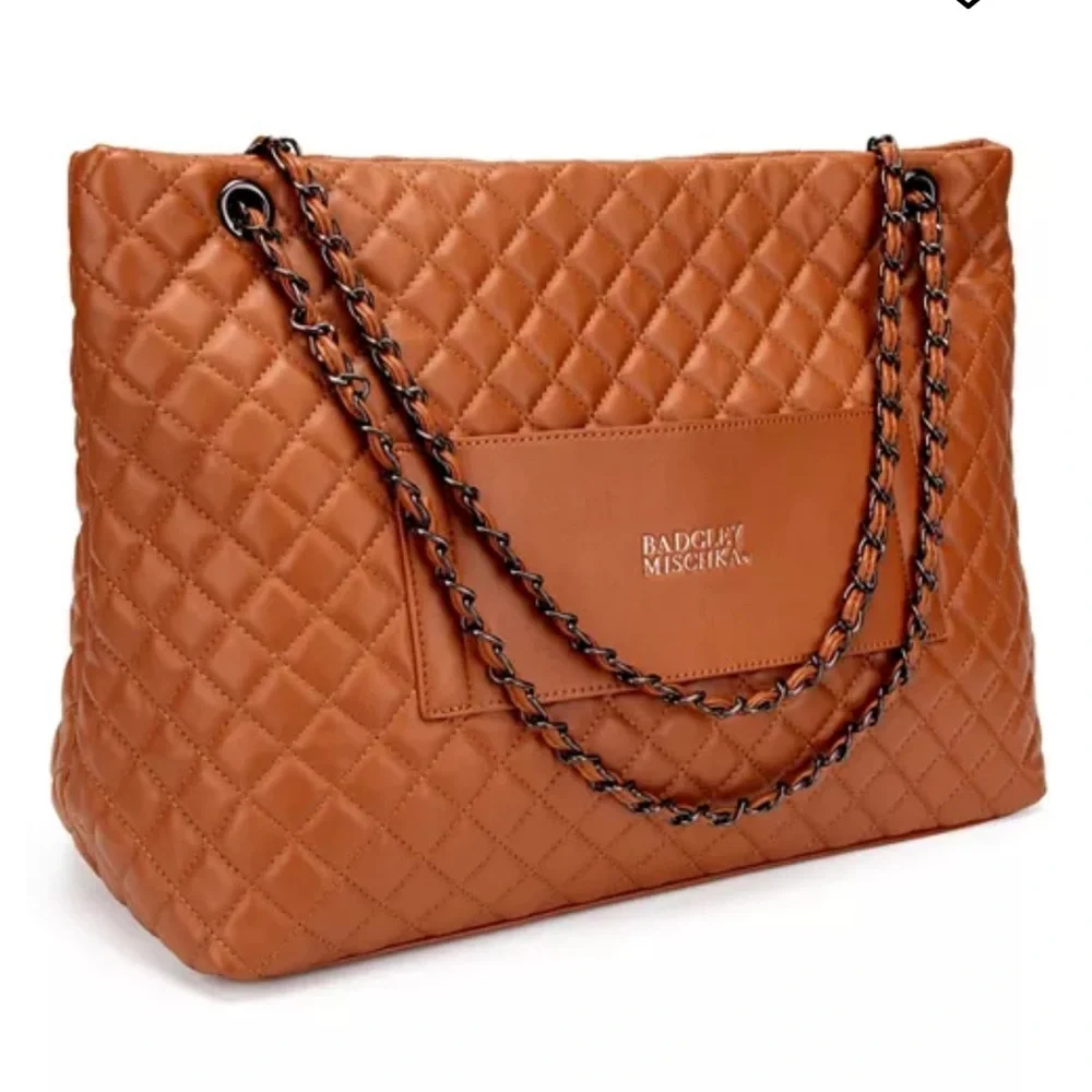 Badgley Mischka Diana Quilted Faux Leather Travel Tote Chain Shoulder Bag purse